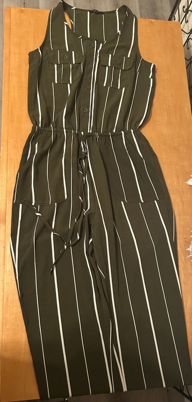 Iris Olive/White Striped V-Neck Sleeveless Button Front Jumpsuit Pockets -S